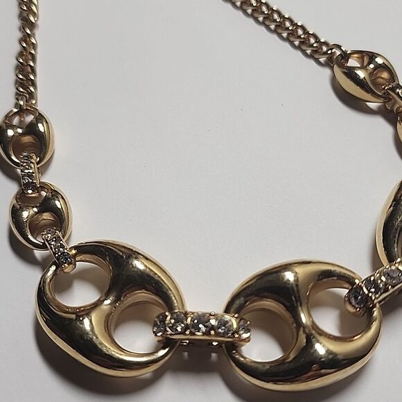 VTG ANN TAYLOR GOLDTONE CRYSTAL LINK CHAIN STATEMENT NECKLACE - Picture 2 of 5